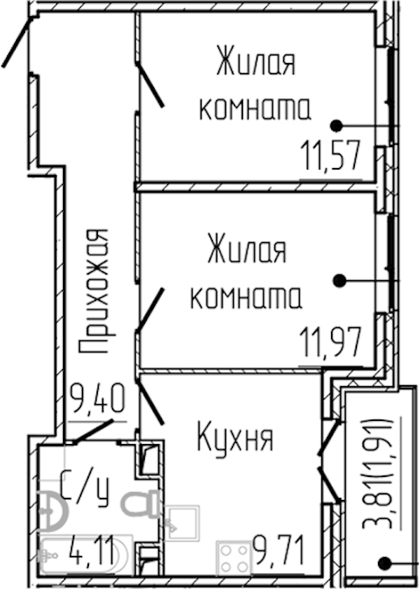 2-комнатная квартира 48.67 м², 3/3 эт., ЖК «SERTOLOVO PARK»